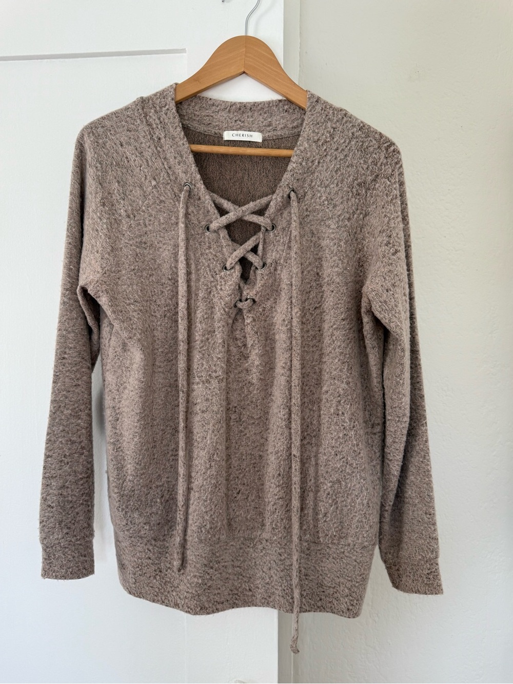 Cherish Taupe Lace-Up V-Neck Knit Pullover